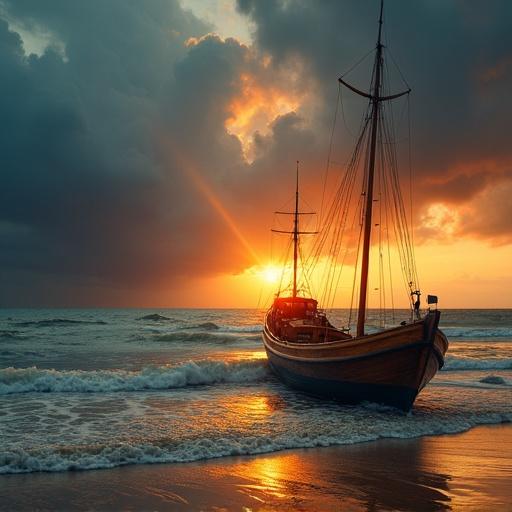 Dramatic sunset over ocean with a wooden boat on the beach. Waves gently lapping at the boat. Clouds suggest an approaching storm. The scene is tranquil and anticipatory with vibrant colors.