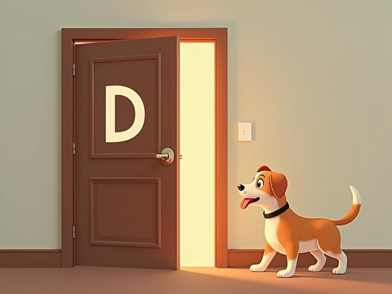 Open door looks like letter D. Dog stands in front of door. Dog is happy and wagging its tail. Small letter d is on the doorknob.