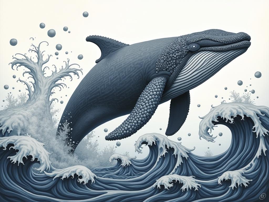 The image showcases a majestic whale breaching the surface of stylized waves. The whale is intricately detailed with patterns that resemble woodwork, emphasizing its elegance and size. Surrounding the whale, the waves are fluid and dynamic, resembling swirling patterns and curls, adding a sense of movement. Delicate bubbles rise around the whale, enhancing the aquatic theme of the scene. The color palette is mostly monochromatic, with shades of blue and grey, creating a serene yet powerful atmosphere.