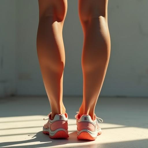 Image shows sporty female legs and feet from behind with emphasis on the soles. The lighting is soft. The pose highlights athletic footwear.