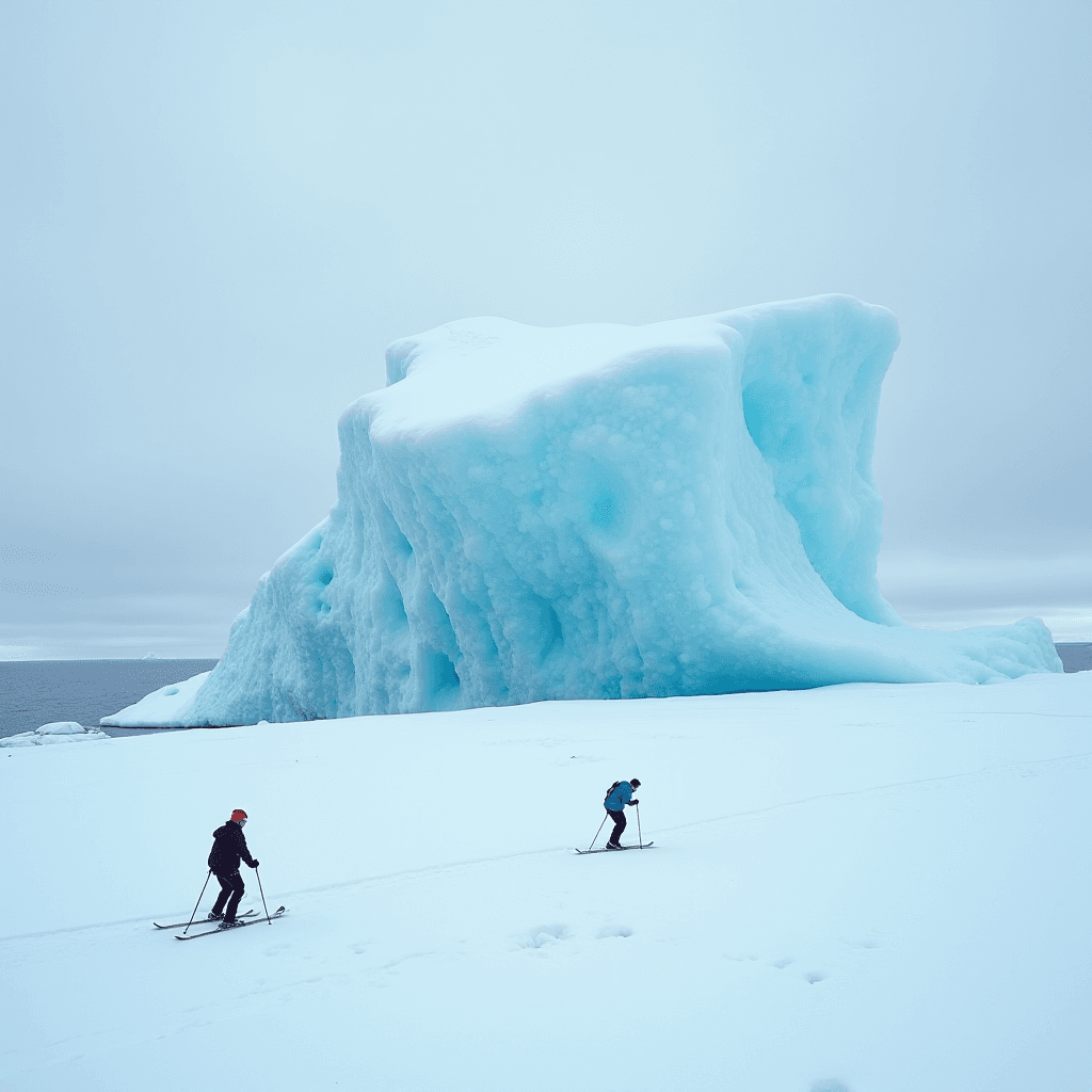 Two skiers travel across a snowy landscape beside a massive, blue iceberg.