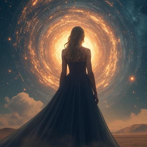 Visually compelling thumbnail for *Pantheon* Season 2 Episode 8, 'Deep Time'. Central figure is Maddie, exuding god-like power against cosmic canvas. Features glowing universe-scale simulations and hints of Dyson Swarm. Expression reveals longing and complexity of human life. Caspian beside her sharing pivotal moment of choice. Visual hints at memory erasure and stepping back into simpler past. Themes of consciousness, reality, searching meaning in unpredictability.