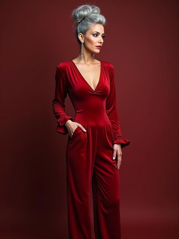 Elegant mature woman in a red velvet jumpsuit. High silver hair styled in a bun. Confident posture. Rich red background.