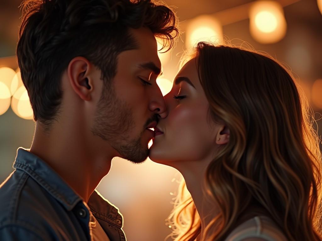 In this intimate and romantic scene, a couple shares a gentle kiss against a backdrop of warm, glowing lights. The soft focus on the background enhances the couple's features, capturing their closeness and emotional connection. The lighting casts a beautiful, golden hue on their faces, emphasizing the sincerity and warmth of their moment together.