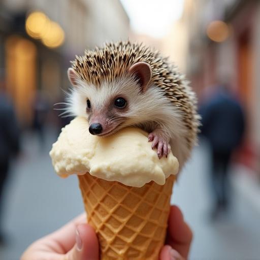 Ice cream cone topped with a hedgehog in a pedestrian street background. Hedgehog appears curious and adorable. Warm lighting illuminates the scene while people walk by in soft focus.
