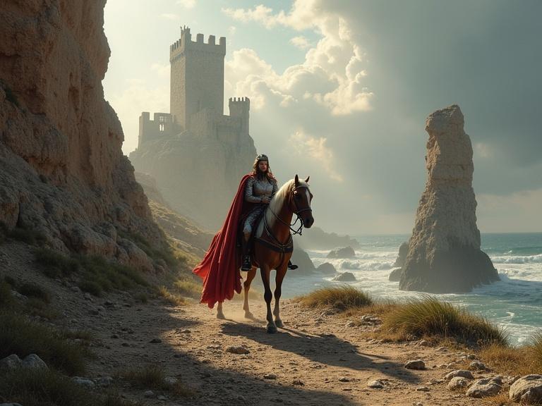 A medieval knight on a brown horse rides along a rocky coastline under cloudy skies. The knight wears a flowing red cape and a helmet. A large medieval castle stands tall in the background. The setting evokes a sense of adventure and heroism.