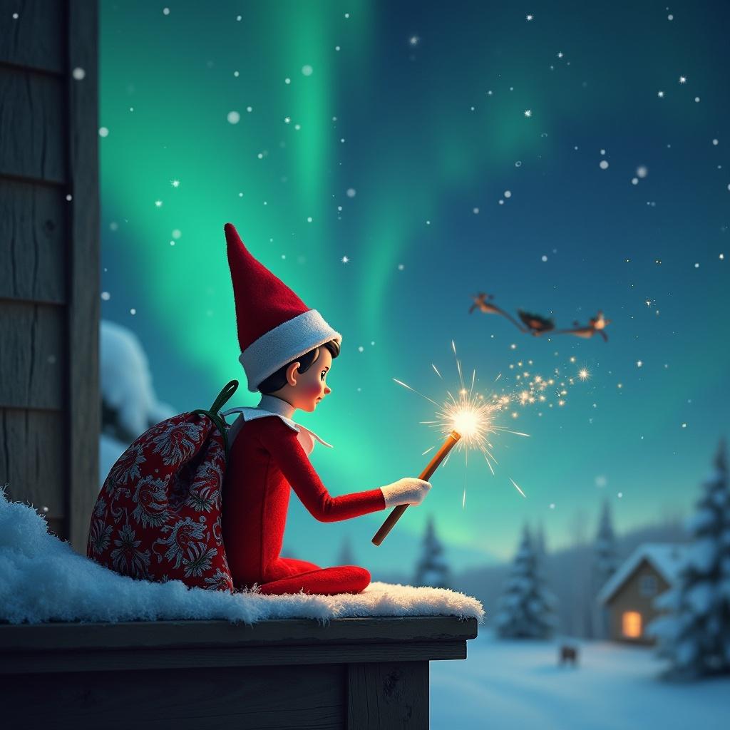 The scene depicts an adorable elf from the popular 'Elf on the Shelf' concept, seated on a snowy ledge with his back facing the viewer. He's gazing into a starry sky, holding a wand that sparkles as he writes the names 'James Jensen' and 'Lillienna' in the air. The backdrop features a stunning display of northern lights dancing in vibrant colors against a winter night sky. In the distance, there's a cozy cabin glowing warmly, with Santa and his sleigh visible flying across the night sky. The overall feel of the image radiates Christmas magic and joy, perfect for capturing the spirit of the holiday season.