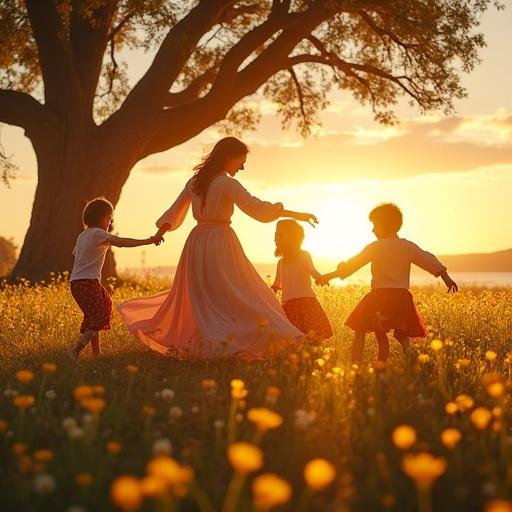 A middle-aged Romanian mother dances in a field of wildflowers during sunrise. She wears a long skirt flowing in the wind. Three children dance hand in hand around her. The scene captures joy and love. An oak tree stands in the background symbolizing strength. Sunlight glows softly on their faces. Rich colors and dynamic movement combine for an emotive atmosphere.