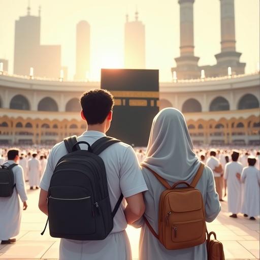 A couple stands together in front of the Kaaba at Masjid al-Haram in Mecca. The man has his arm around the woman. The woman wears a light grey hijab and holds a book. Both wear modest clothing with backpacks. They face the Kaaba, surrounded by pilgrims. Background includes mosque arches and tall buildings. Daylight creates a peaceful atmosphere.