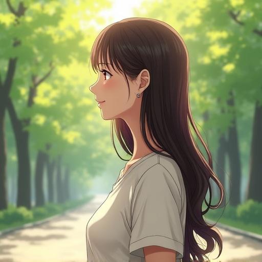 Digital artwork depicting a happy woman with long brown hair standing in profile. The setting is a sunny park with trees in the background.
