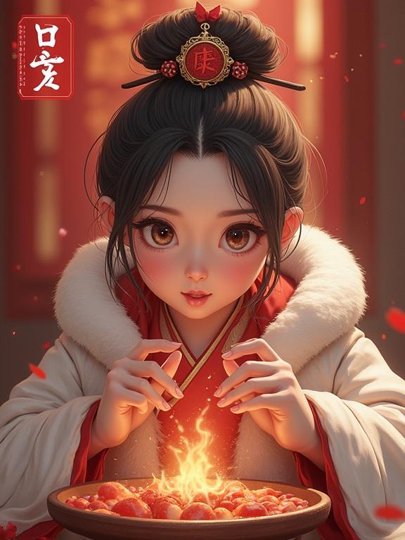 A girl in a traditional outfit gazes at a glowing bowl of food. The environment is warm and festive, with decorations in the background.