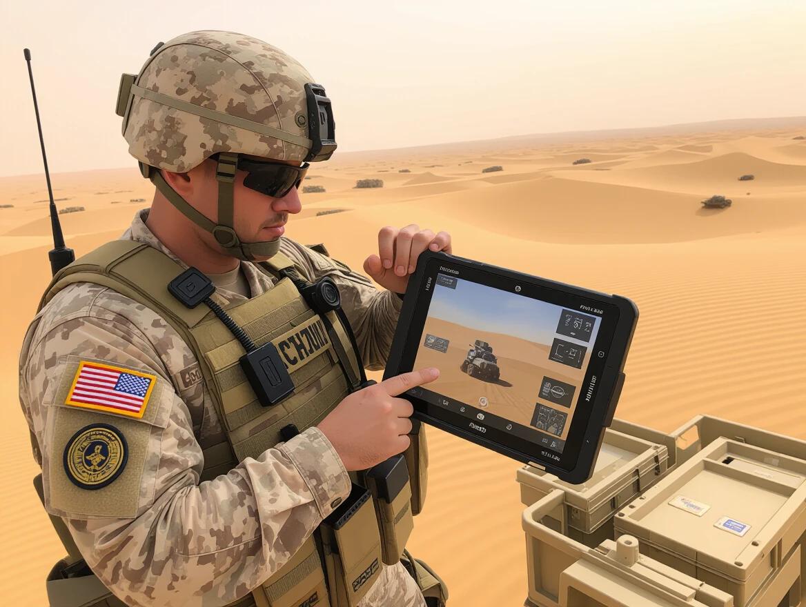 The image depicts a soldier in a desert environment utilizing a Panasonic FZ-G2 rugged tablet. The soldier is dressed in military gear that blends with the surroundings. The background features rolling sand dunes, highlighting the challenge of using technology in harsh conditions. The tablet screen displays technical information related to military operations. The image captures the essence of modern combat technology integration.