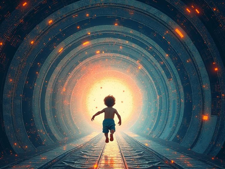 A child with a radiant inner glow runs towards a bright vortex. The path is adorned with microprocessors. Shadows of technological giants loom on the walls. Pastel pixels rain from above, contrasting dark threats below. Style: dystopian poetic illustration with a sweet-acid palette.