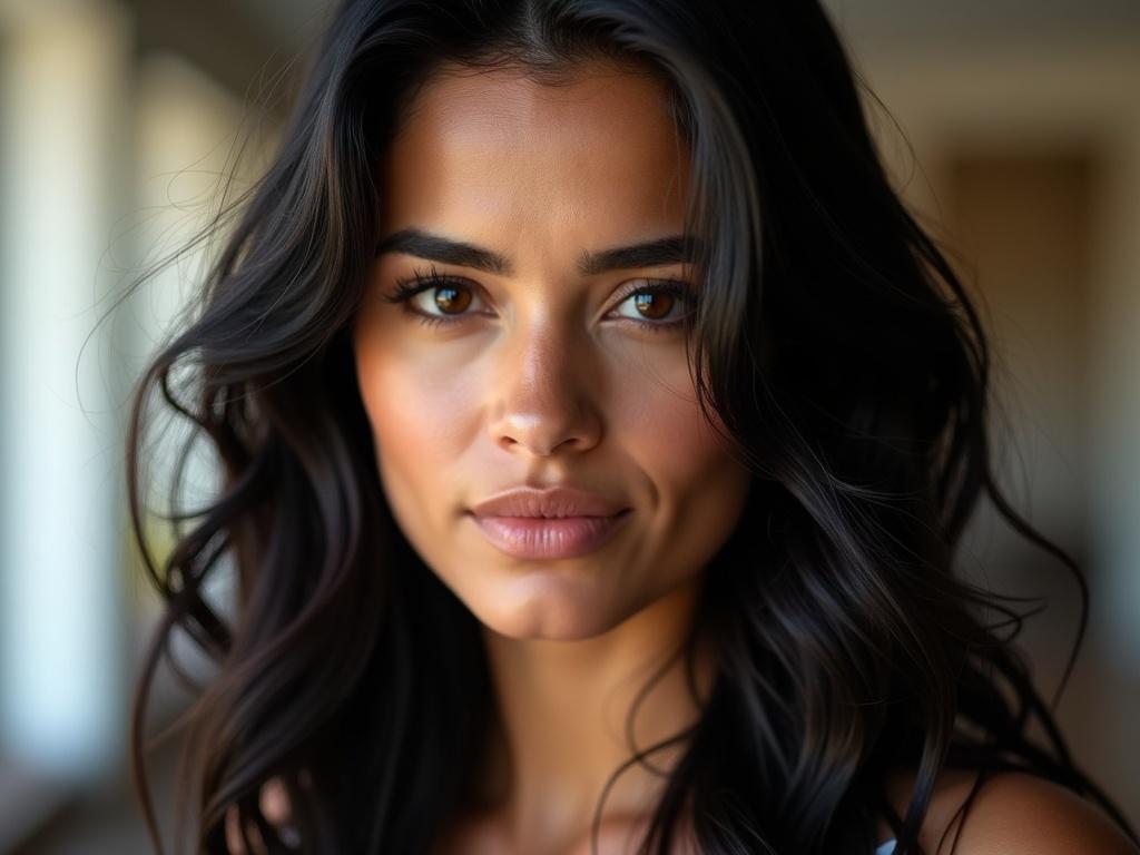 Gorgeous woman of Latino descent in her twenties. Features long black hair and brown eyes in a full view portrait.