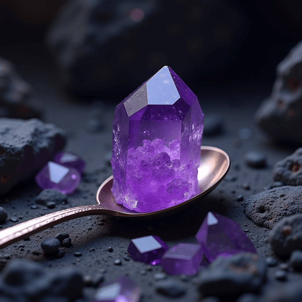 A large, faceted purple crystal rests elegantly on a metallic spoon, surrounded by smaller crystal fragments and stones.