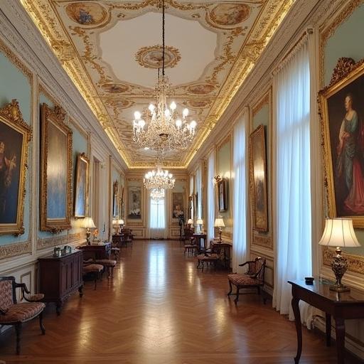 Interior view of the Hermitage Museum in Saint Petersburg. Ornately decorated with elaborate ceiling and chandeliers. Historic paintings line the walls. A long, elegant hallway leads into the distance.