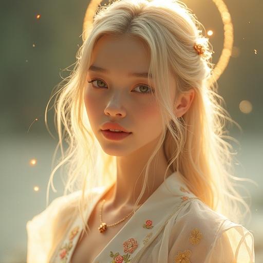 Ethereal upper-body portrait of a young woman named Shion. She radiates divine light and soft sensuality. Her pale golden hair flows gracefully. She wears refined ceremonial robes in white, gold, and faint crimson. Subtle magical shimmer and glowing embroidery are present. Ethereal particles drift through the air. A faint golden halo surrounds her head. Background suggests a misty lakeside or hidden shrine, creating a sacred and graceful mood.