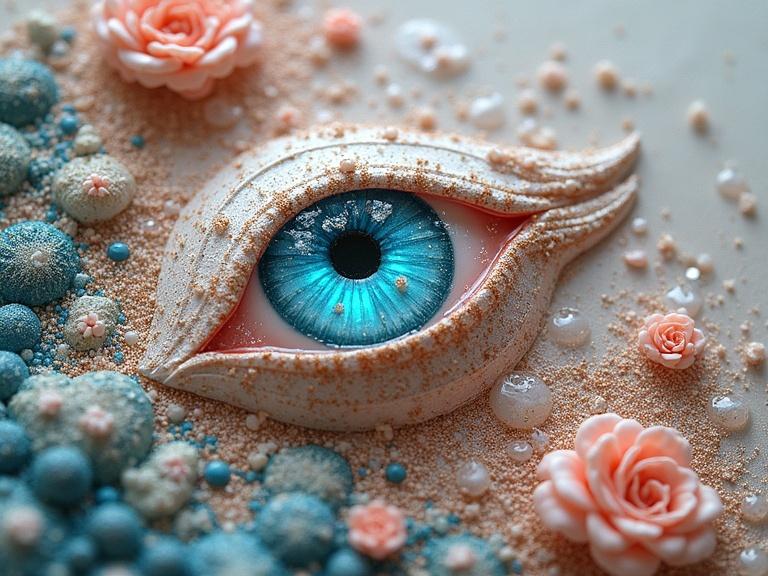 Detailed and intricate close-up of a textured mixed media piece featuring a blue eye surrounded by floral elements and colored textures. Includes a variety of materials such as sand, glitter, and impasto techniques.