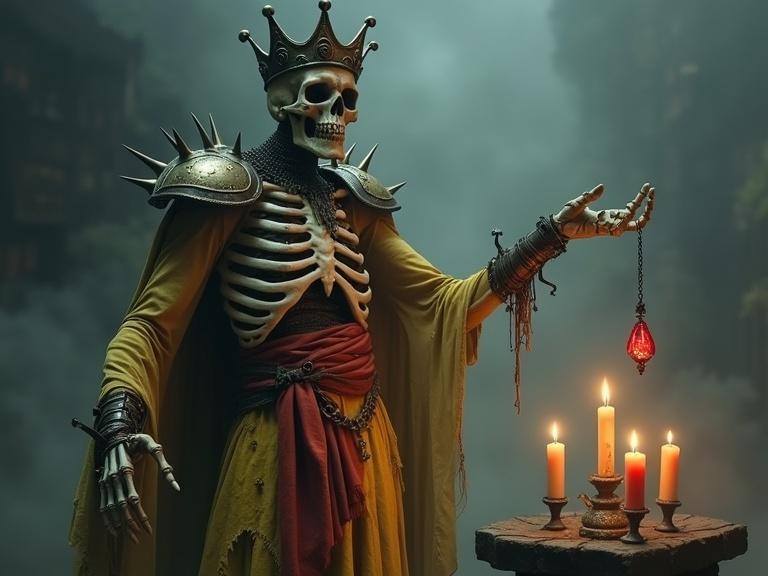 A hyper detailed skeletal lich wears a crown and spiked shoulder pads. Ribs are exposed beneath a dirty yellow long skirt with a red sash. A glowing red gem pendant dangles from a chain. Arm extends forward with a pointed finger casting a spell. Stone pedestal holds burning candles. Background features eerie mist.