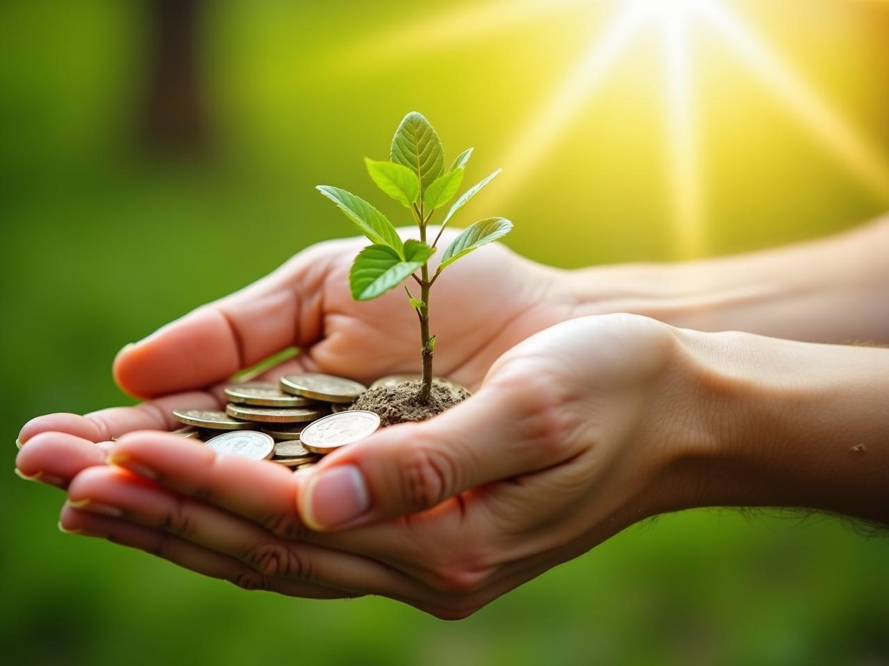 Professional stock photography depicting hands cradling coins with a sapling emerging from the center. The background is softly blurred with a vibrant green hue. Sunlight streams from the top right, highlighting the sapling and coins. A metaphor for nurturing financial investments and growth. Symbolizes patience, care, and the potential for financial returns.