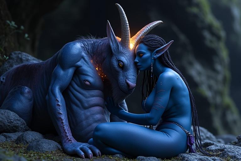 A Na'vi female interacts gently with a Toruk in a mystical setting. Na'vi has glowing blue skin and long braids. Toruk has smoldering ember-like wings and deep eyes. They share a moment of connection and trust beneath a starry sky.