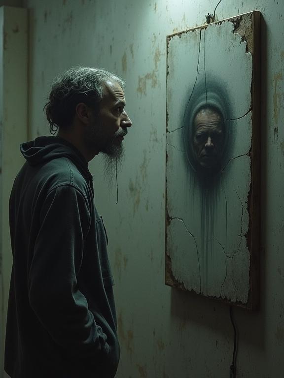Camera focuses on a man standing next to a mirror. The mirror is empty but faint outlines of trapped faces appear in the cracks.