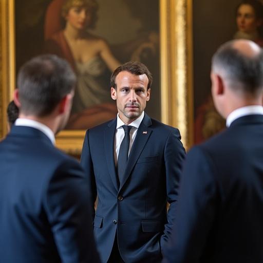 French President Emmanuel Macron in formal suit converses with foreign affairs team in Elysee Palace. Diplomatic reception hall features portraits of past leaders and world maps highlighting strategic interests. Discussion on France's role in international conflicts and military cooperation takes place.