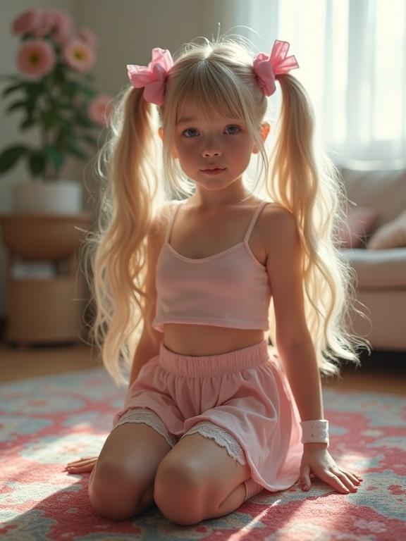 A young girl with long, blonde hair styled in twin tails and pink bows kneels on a colorful area rug. She is in a brightly lit living room. She wears a short crop top, a pale pink skirt, and thigh-high socks with lace. Simple black shoes complete her outfit. Her face is beautiful with delicate features.
