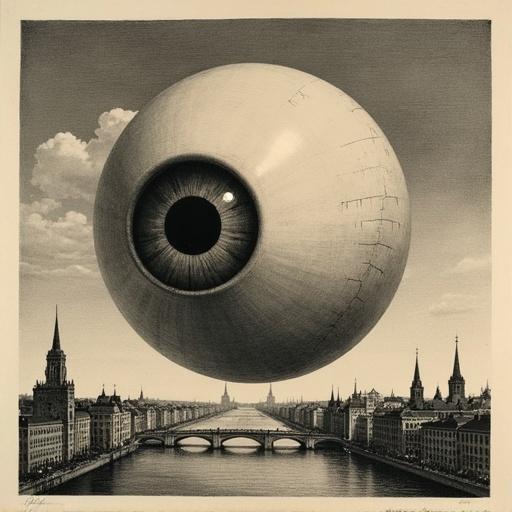 Aquatint printing of a giant eye bulb floating like a ball over a European capital from the 19th century.