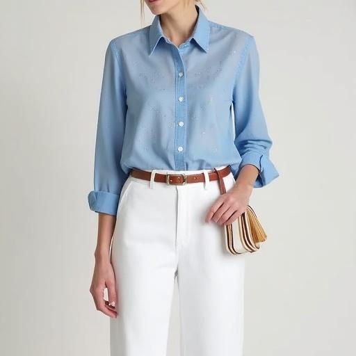 A stylish casual ensemble features a light blue long-sleeved shirt with subtle glitter accents. The shirt has a loose relaxed button-down design paired with crisp white wide-leg trousers. A brown belt with a silver buckle accentuates the waistline and the outfit is completed with a small striped handbag in white brown and gold hues adding a sophisticated final touch.