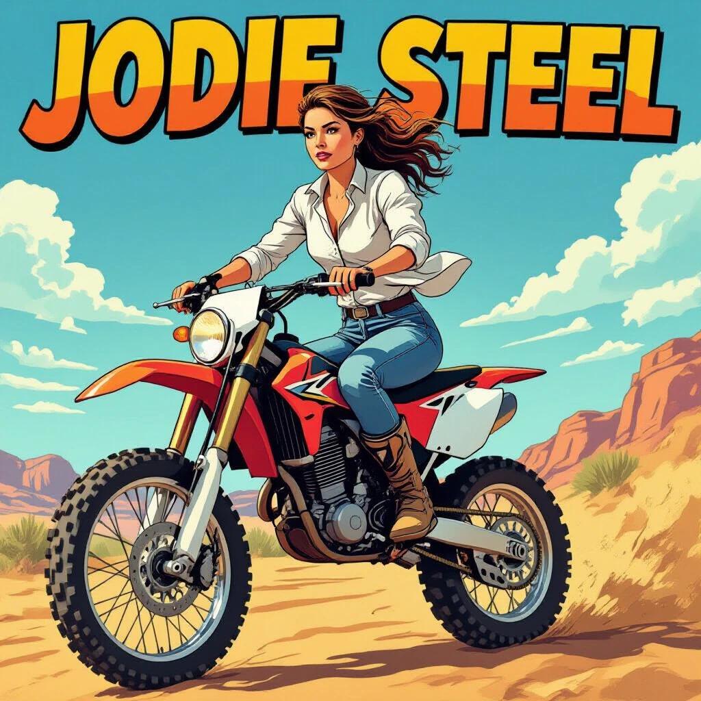 A confident girl rides an off-road motorcycle. She performs a wheelie. She wears a white knotted shirt and ripped denim shorts. She has short tousled punk-style hair. The background shows a desert landscape.