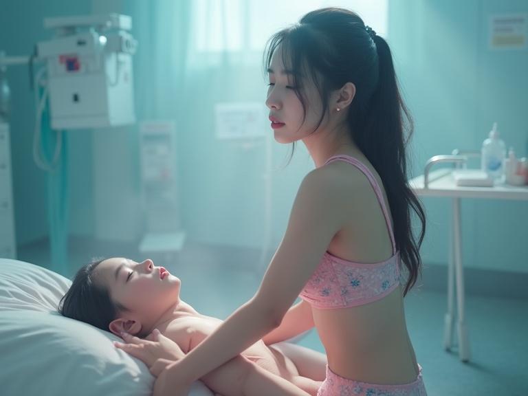 Flash photography captures a serene moment in a clinic. The setting features heavy mist with an ultra-realistic young adult nurse holding a patient. The nurse wears a delicate flower-patterned pink bra and skirt. Studio lighting highlights the scene with impeccable contrast and detail.