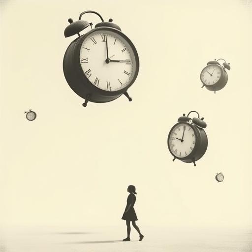 Minimalist tiny woman in silhouette surrounding floating giant vintage clocks. Surreal artistic style. Oversized clock objects in a vast negative space. Clean background with elegant composition. Subtle grain texture for a modern poetic feel.