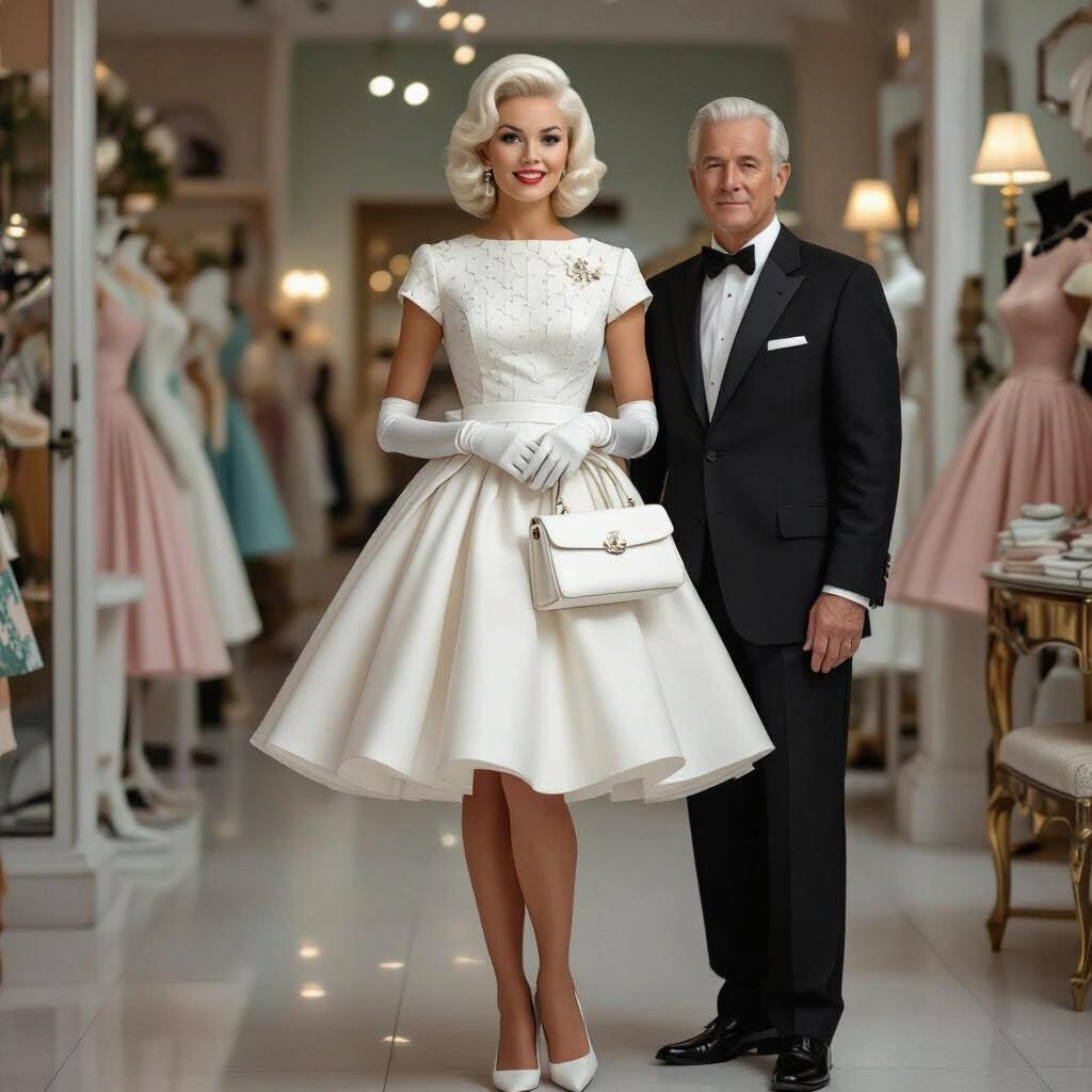 Portrait of a 1960s woman with platinum blonde hair. She wears a dress with petticoats and carries a white purse. Gloves adorn her hands. An older man in a suit stands beside her. The setting is a dress boutique with elegant decor.