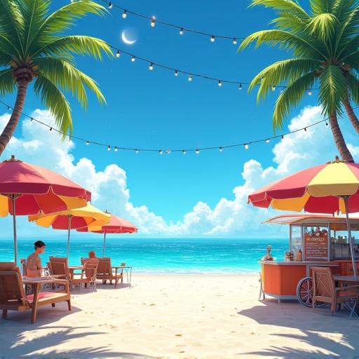 Anime-style tropical beach scene bright summer day clear blue sky white sand colorful beach umbrellas food stalls summer festival vibes string lights palm trees swaying in the breeze waves gently crashing cheerful lively atmosphere vibrant colors cel-shaded art style