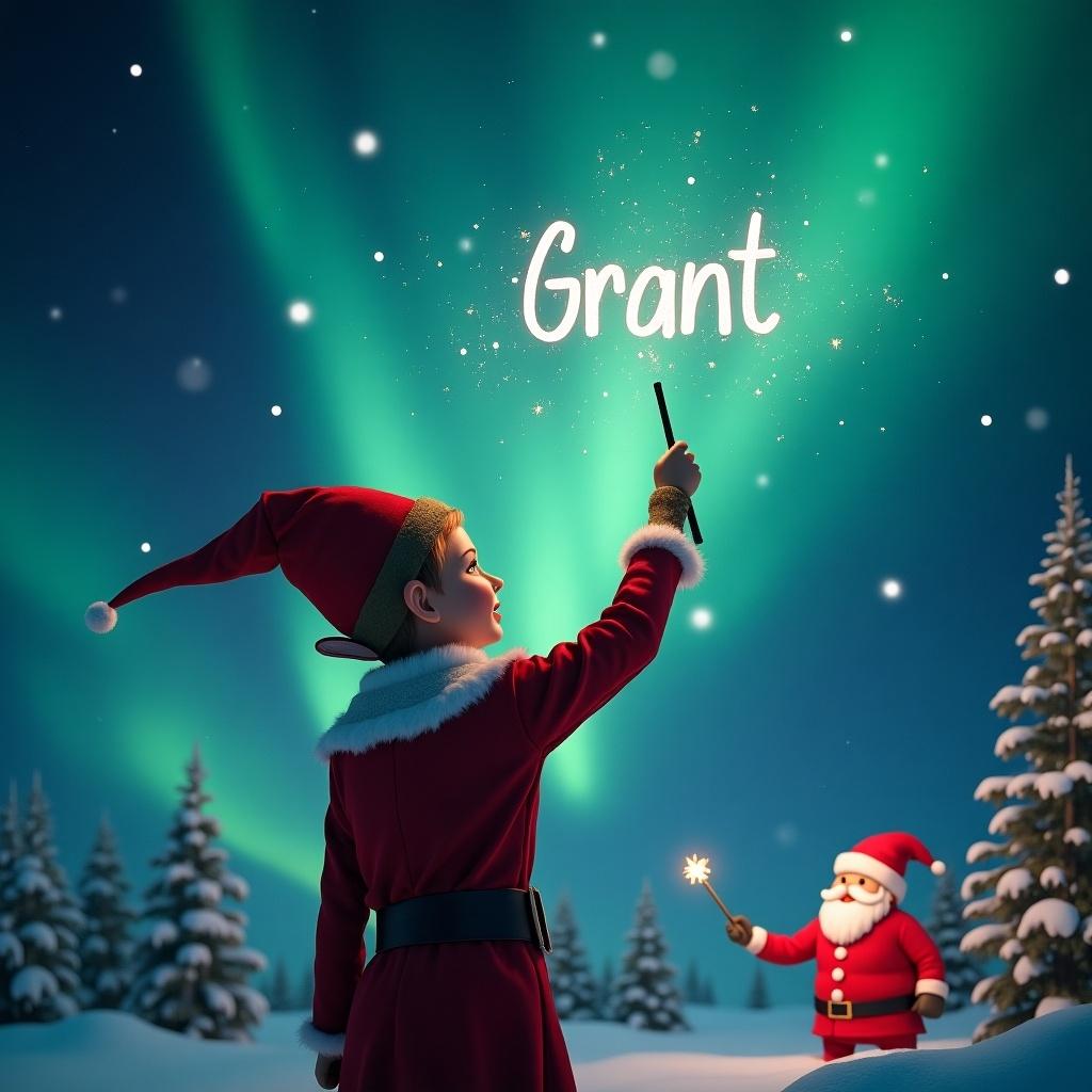 Elf faces the magical sky. Using a wand to write names. Name being written is 'Grant'. Background includes northern lights and Santa Claus.