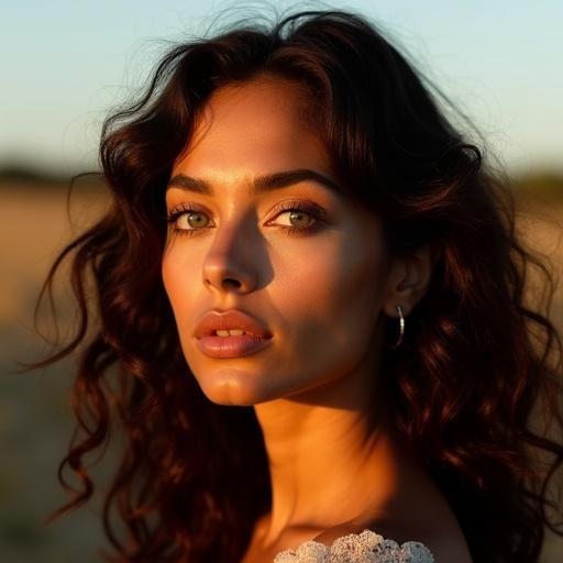 Portrait of a beautiful woman with olive skin and curly hair. Her green eyes are almond-shaped. The image captures a half torso profile shot. She has dark eyebrows and a symmetrical oval face. The photo is taken during golden hour.