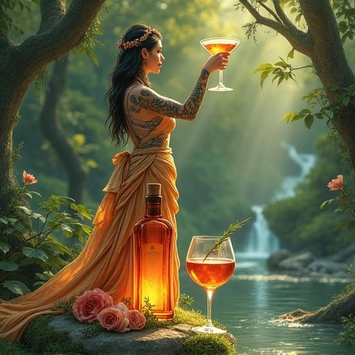 A tribal goddess stands in a hidden grove with intricate tattoos and flowing robes. She offers a toast with a shimmering cocktail. An apothecary-style bottle named Alfruno radiates a golden-red glow on a mossy stone with a cork lid and elegant tag. An identical cocktail glass is beside it. Roses and rosemary add natural accents. The scene features soft light, lush foliage, and a clear stream. The artwork is reminiscent of Alphonse Mucha and WLOP with a soft watercolor style in greens, blues, and golds.