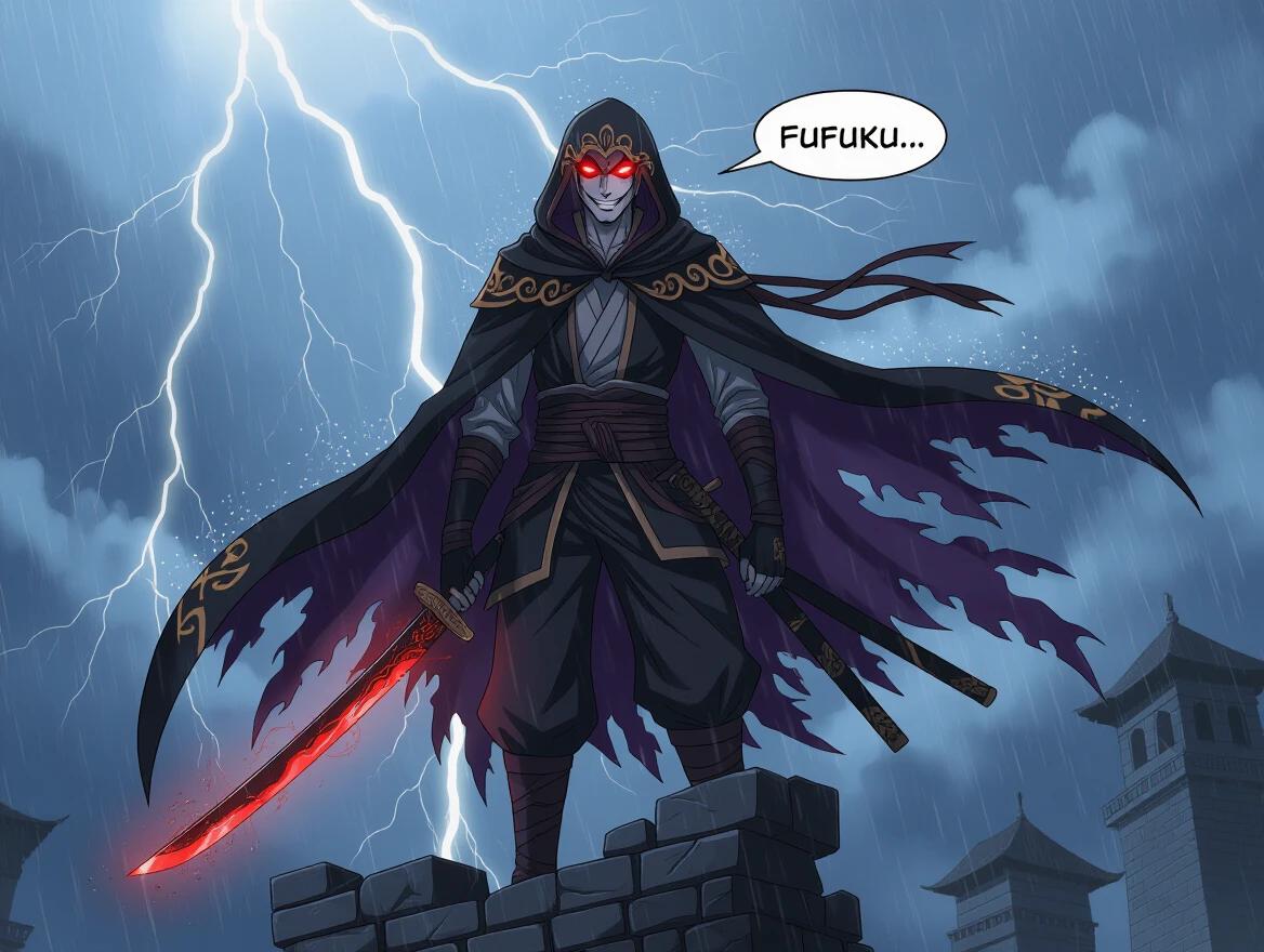 Dark anime-style male character standing atop a crumbling tower during a storm. Character has red glowing eyes under a black hood. Cloak is tattered with golden patterns. Wields a cursed katana with dark energy. Laughs with a malicious grin. Background features stormy night sky with lightning and rain splashing against stone.