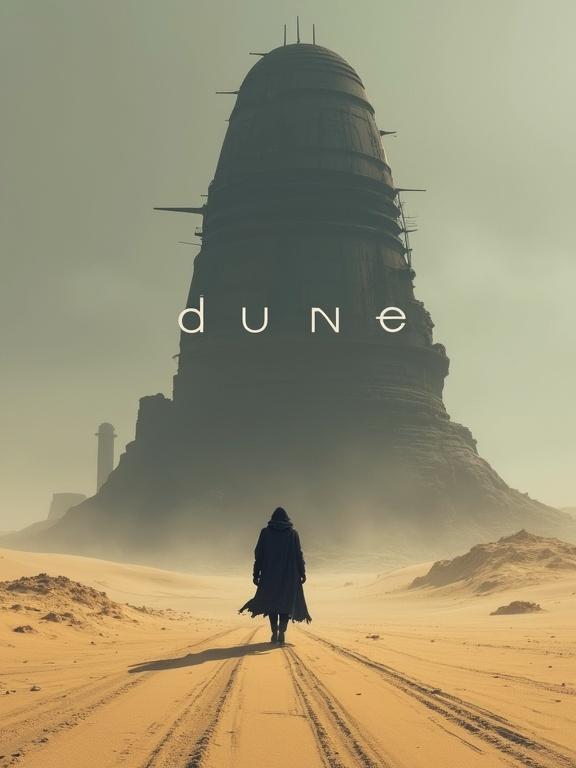 Digital illustration of a realistic sci-fi style. Desolate sandy desert under a dim sky. Lone figure cloaked in dark garment walking. Rough surface and shadows of a colossal structure in background. White text in upper left corner: 'The universe is vast and beautiful...'. Prominently displayed word 'DUNE.' Muted color palette.