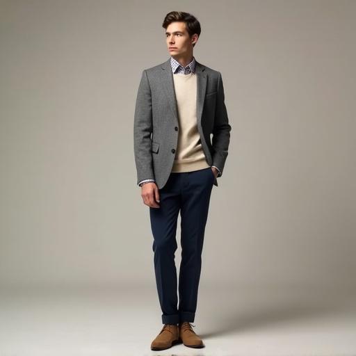 Full-body photo of a male fashion model standing in a neutral studio background. Model wears a grey tailored blazer with subtle texture. Underneath is a soft beige crewneck sweater. Checkered shirt collar is slightly visible. Slim navy trousers are used. Suede beige brogues complete the outfit. The style is elegant and modern business casual. Lighting is soft and diffused. Focus is on textile texture, outfit details, and fabric folds. Sharp lens and high resolution are utilized for catalog style photography.