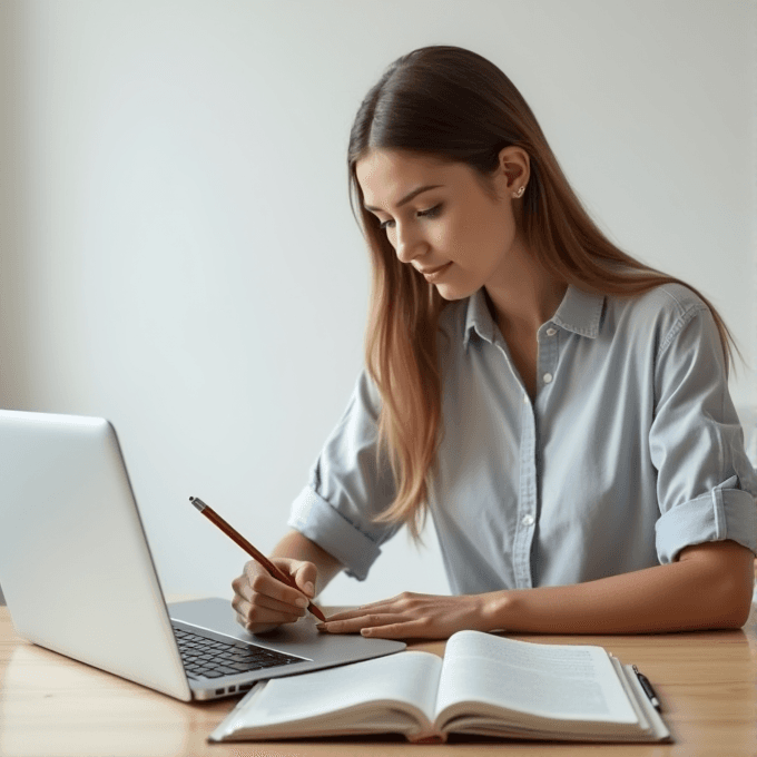 A woman is writing in a notebook beside her laptop.