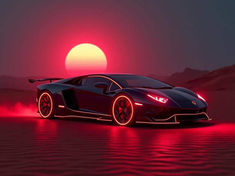 A futuristic Lamborghini showcased in a neon aesthetic. Laser light wheel rims enhance its dynamic look. The setting is a desert at night with a striking red sunset.