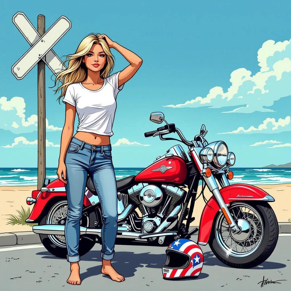 Blonde girl in wet white t-shirt and short jeans stands barefoot beside a red motorcycle. Beach background with blue sky and clouds. Girl strokes hair with left hand and touches a helmet with right hand. Helmet displays stars and stripes design. Comic book style illustration with heavy outlines, inspired by Jean Giraud. Motorcycle is visible from bottom to top. Girl and motorcycle positioned at a crossroad by the beach.