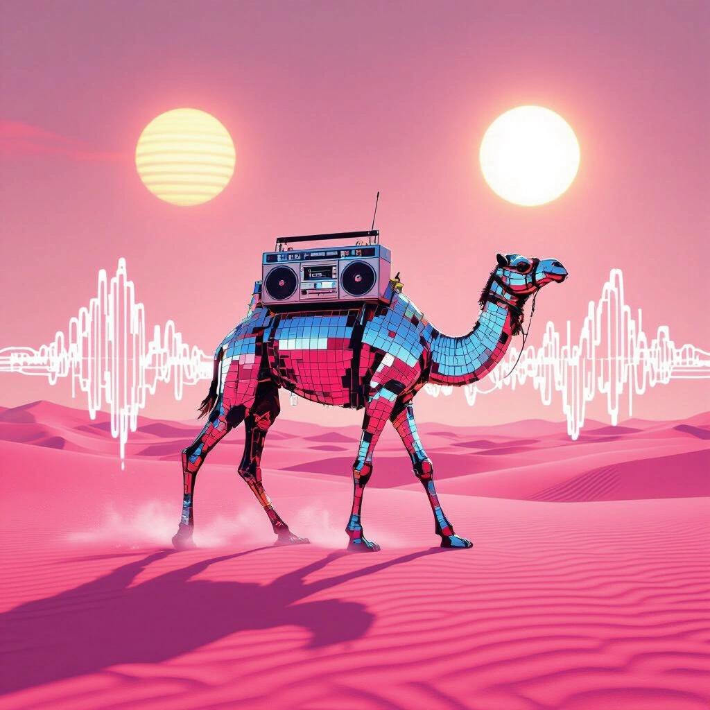 A camel made of disco mirrors strides across a pink desert under two suns. A boombox hangs from its side pumping sound waves into the dunes. The landscape around it warps. The scene evokes a mirage-like vision.