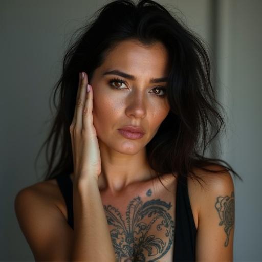 Middle aged Hispanic woman with tattoos showing self-reflection and contemplation. The woman is posing near a soft lit background wearing a tank top. Tattoos are prominent on her shoulder and chest area. Long dark hair is styled casually. Emotionally rich expression hinting at a deep personal story.