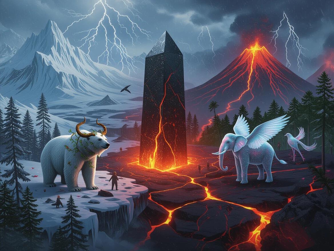 A surreal open-world landscape features icy arctic tundra, tropical jungle, and molten volcanic terrain. The levitating obsidian monolith sits at the convergence. Gravity fluctuates causing trees to grow sideways and lava to flow upward. Hybrid creatures appear such as a flaming polar bear with vine-covered horns, a translucent elephant with frost wings, and misty birds. Weather anomalies like snowstorms on lava and glowing petal rain occur. The scene captured from an aerial angle reveals the chaotic fusion of environments with shifting lighting effects.