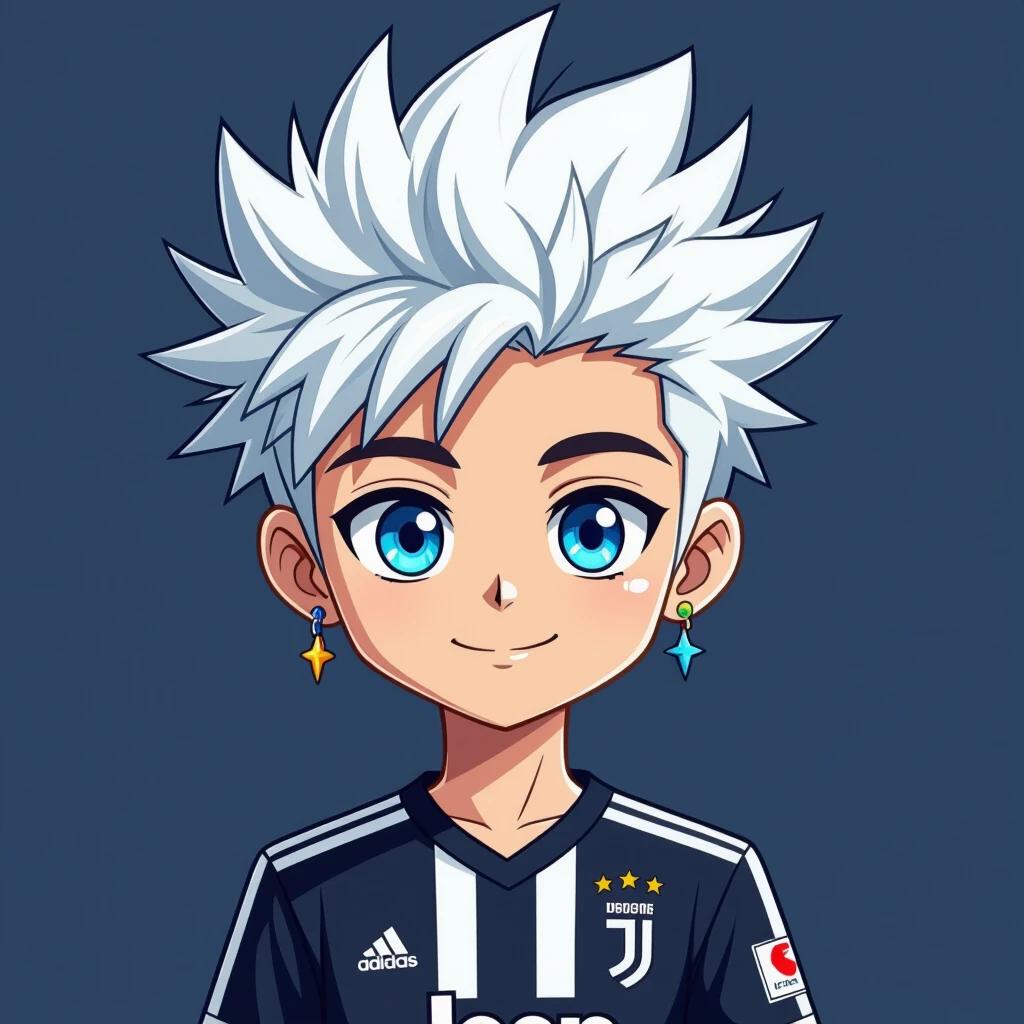 Cartoon-style illustration features a boy with spiked white hair wearing a Juventus jersey. The design is minimalist vector art for branding purposes. The character has blue eyes and colorful earrings. The aesthetic is clean and modern with a professional look.