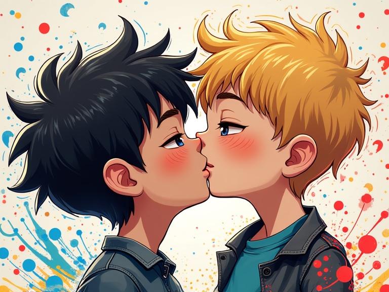Two boys kissing in a colorful abstract composition with dynamic spikes and swirls. One boy has dark hair and the other has blond hair. The setting is bright and playful.