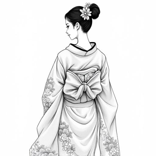 Femme vue de dos avec un kimono de cérémonie riche en motifs floraux. Coiffure en chignon sophistiqué orné d'une fleur. Obi large avec nœud décoratif. Fond blanc avec attention sur la silhouette et le vêtement.